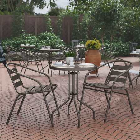 FLASH FURNITURE Lila 23.75in Round Glass Top Metal Table with 2 Bronze Aluminum Slat Stack Chairs TLH-071RD-017CBZ2-GG